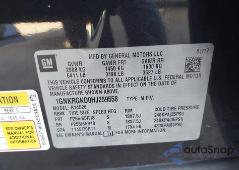 2017 Chevrolet Traverse 1Lt from USA, damaged, VIN 1GNKRGKD0HJ259558